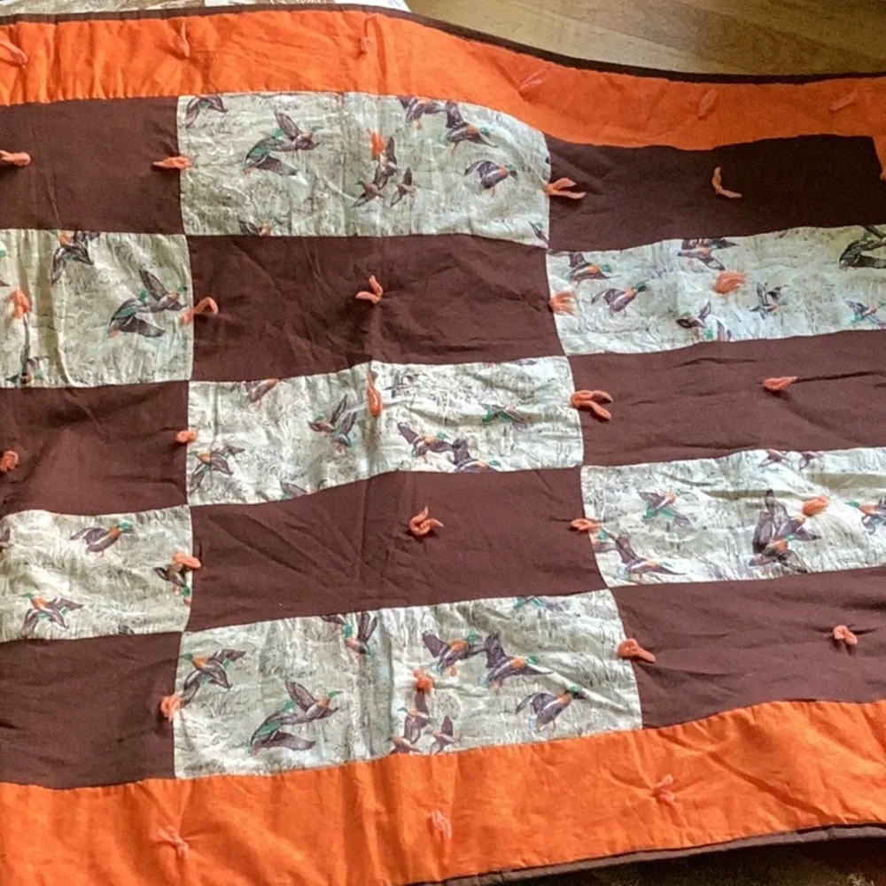 🦆 DUCKS  PATCHWORK Lap Quilt or Wall Hanging Orange & Brown OOAK  🪶